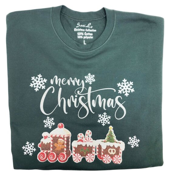 Green Soni Lu Christmas Sweatshirt Unisex With Festive Train Design Size L New - Picture 11 of 12